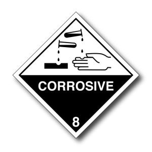 Class 8 Symbol ( liquids spilling from two glass test tubes onto a hand and a metal. Figure "8" in bottom corner