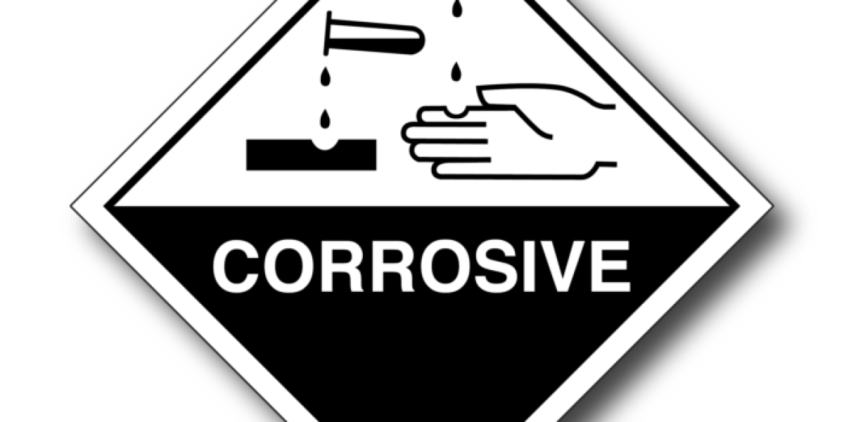 Class 8 Symbol ( liquids spilling from two glass test tubes onto a hand and a metal. Figure "8" in bottom corner